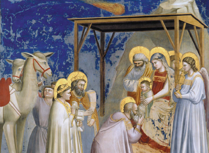 A sinistra, la Cappella degli Scrovegni a Padova, che ospita il ciclo di affreschi di Giotto dedicati al Vecchio e al Nuovo Testamento. A destra, un dettaglio de “La Cometa”